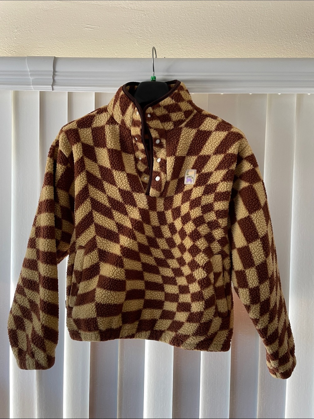Urban Outfitters- Obey- Brown & Cream wavy Checkerboard Sherpa Pullover- women S